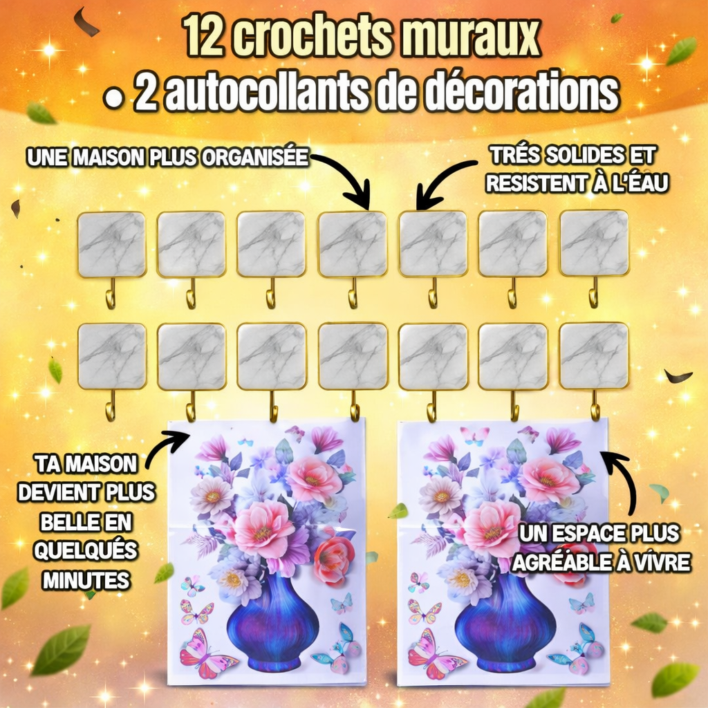 PROMO: 12 crochets muraux + 2 Rose autocollants de décorations